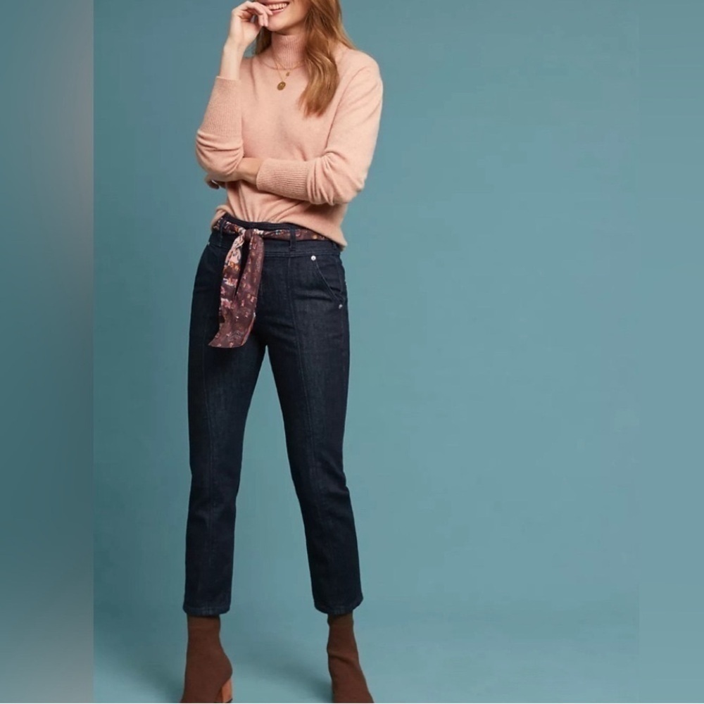 NWT Anthropologie Pilcro High Rise Slim Straight Jeans Dark Wash w/ Sash Sz 29